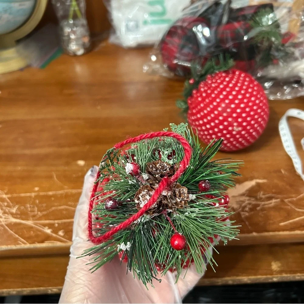 Red, White And Green Dotted Decorative Bauble Ornament - Set Of 2 - “Icicles”